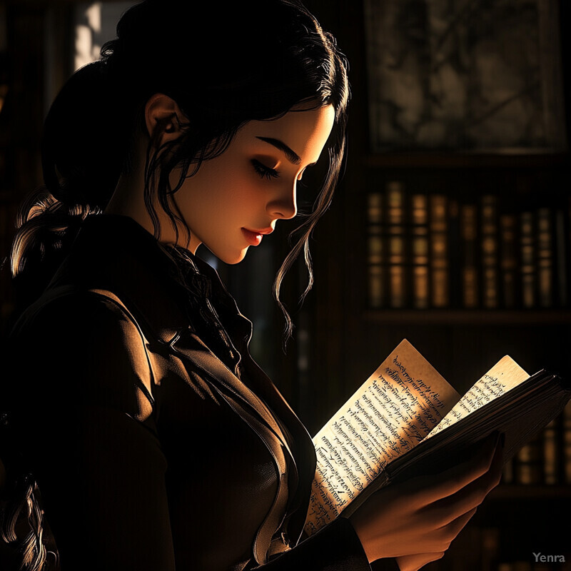 A woman reads an old book in a dimly lit library setting