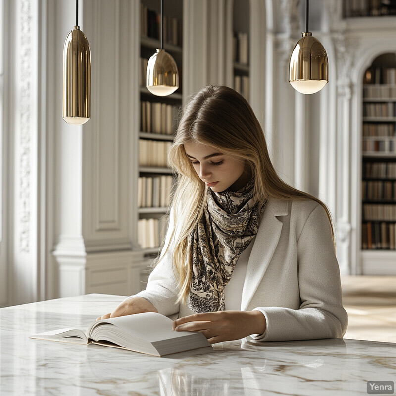 A young woman in an elegant outfit reads from an open book on a marble table, surrounded by sophisticated decor.