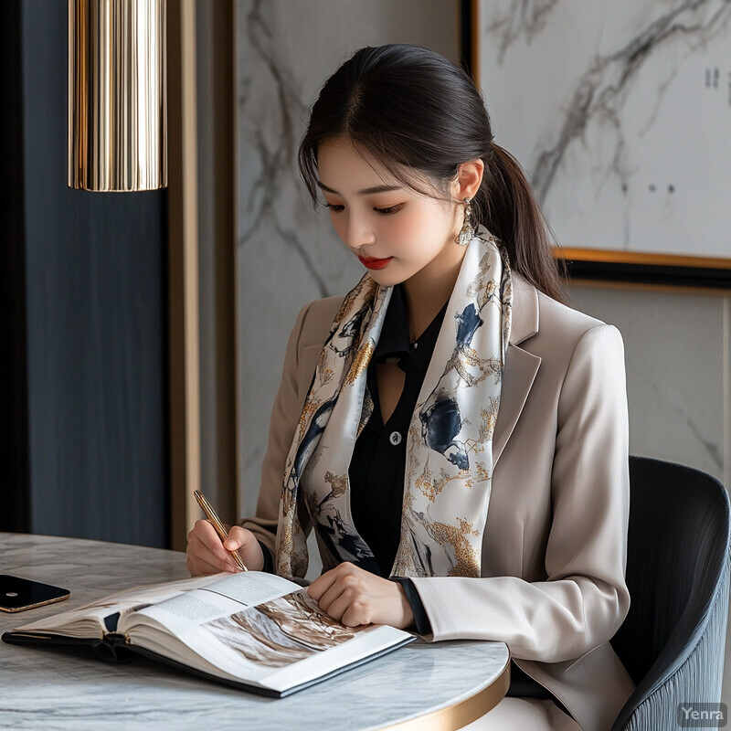 A woman sits at a table, intently focused on her book or document