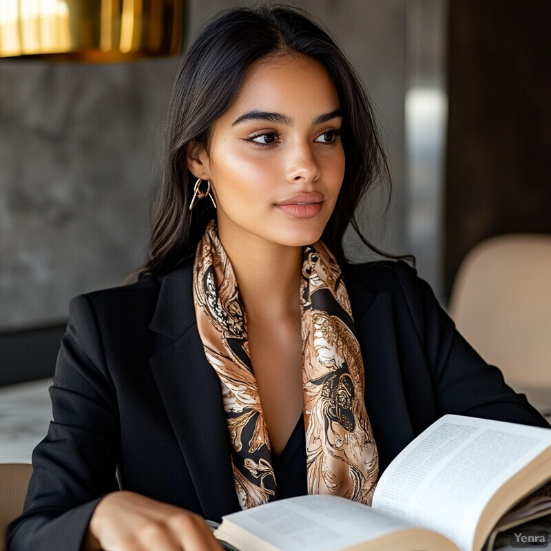 A young woman with dark hair sits at a table reading a book