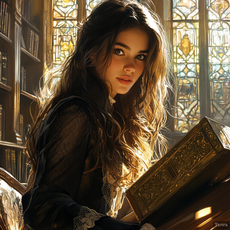 A young woman sits at a desk, surrounded by books, lost in thought as she gazes directly at the viewer.