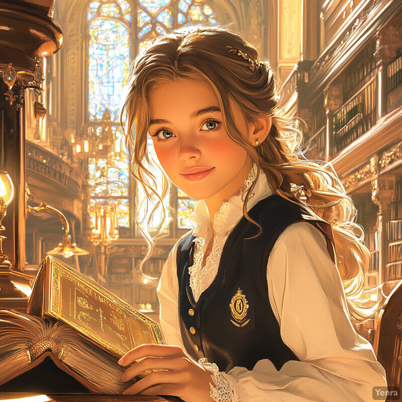 A young girl sits at a desk in a grand library, surrounded by tall bookshelves and illuminated by the warm glow of a lamp.