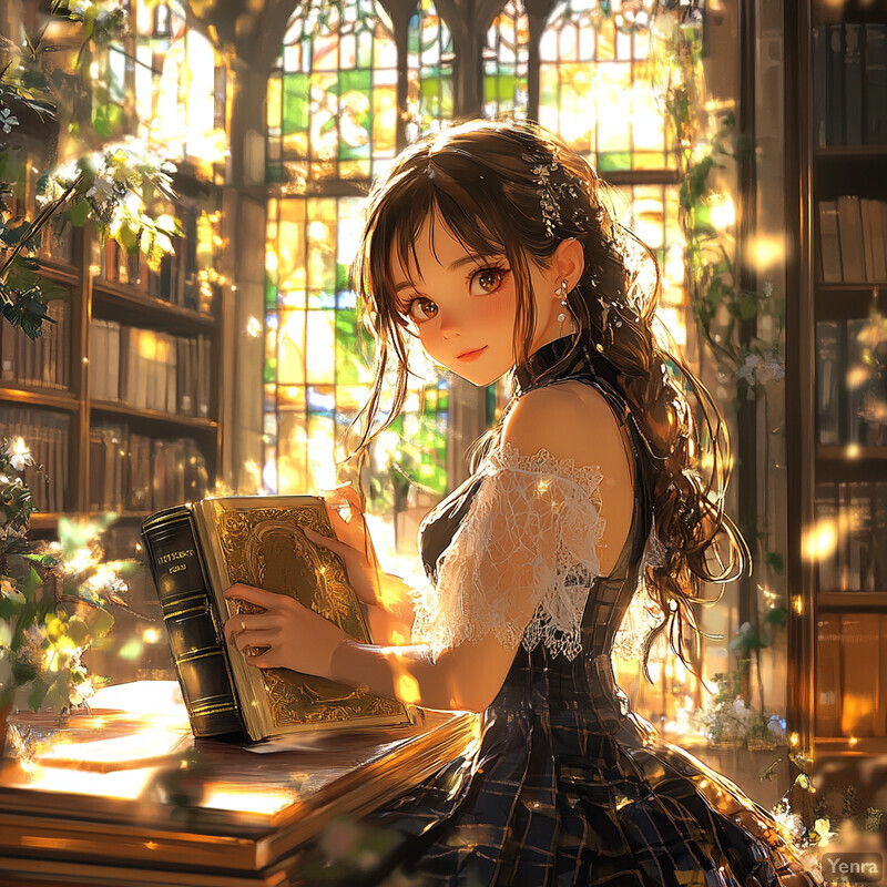 A young woman in a dark plaid dress reads at a desk surrounded by books and papers, with natural light pouring in from a stained glass window.