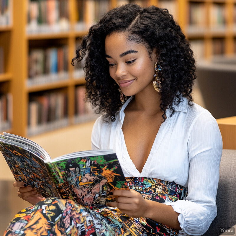 A young woman sits in a library or bookstore, reading a comic book.