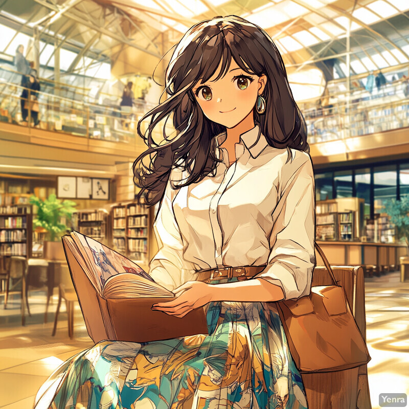 Anime character reading a book in a library or bookstore