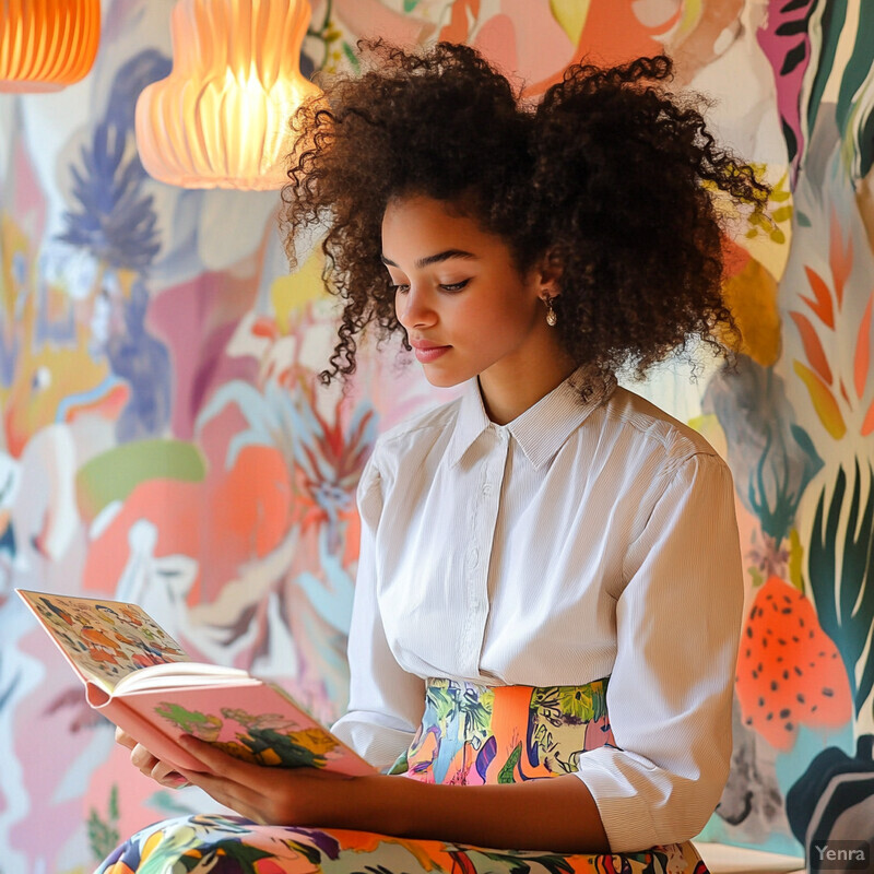 A young woman sits in front of a colorful wall, holding an open book and wearing a multicolored skirt with dangling earrings.