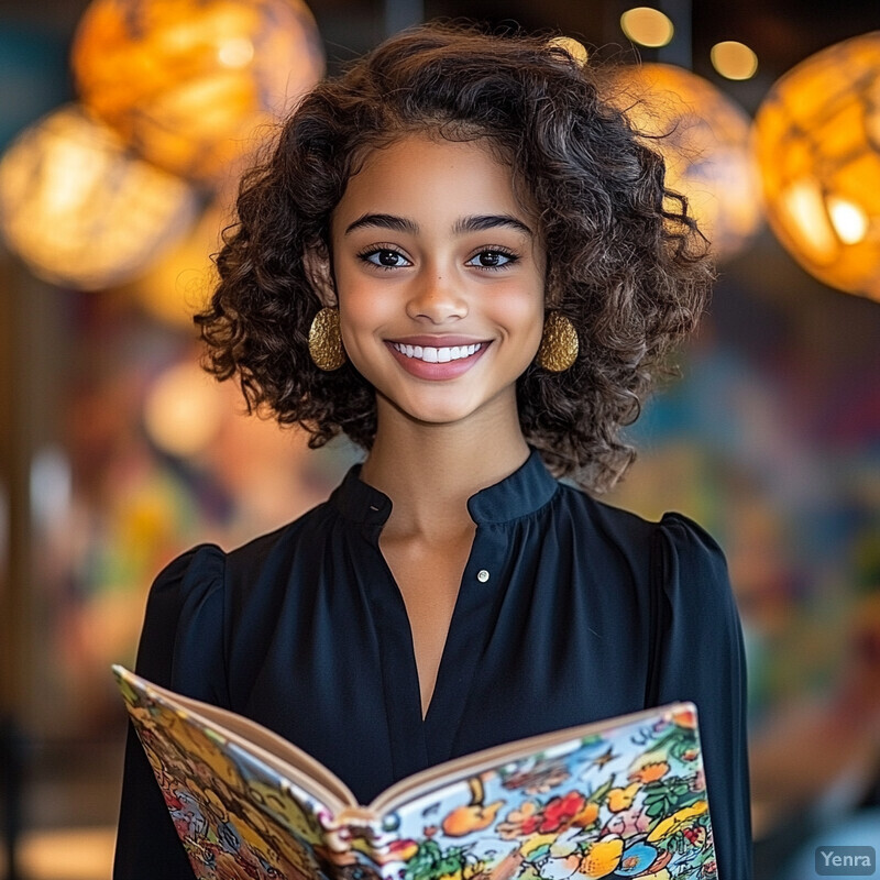 A young girl with curly brown hair and a black blouse holds an open book, smiling warmly at the camera.