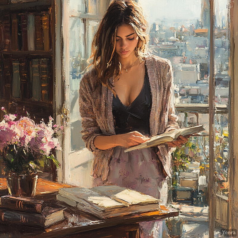 A serene painting of a woman reading by a window overlooking a cityscape.