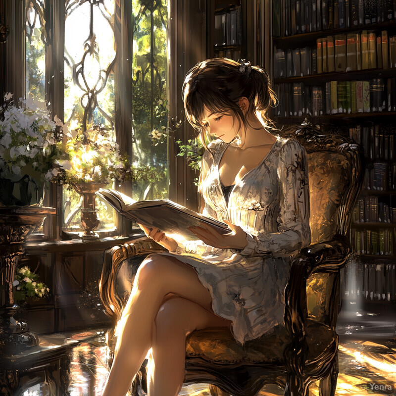 Anime woman reading by a window