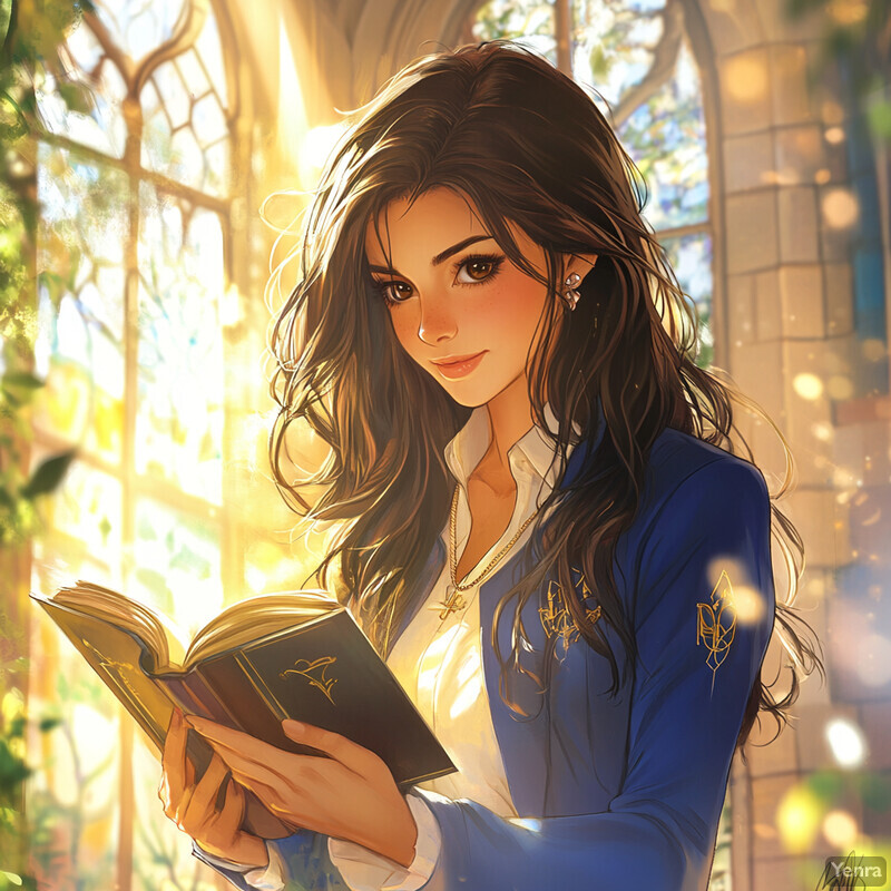 A woman with long brown hair and a blue jacket reads a book in front of a window.