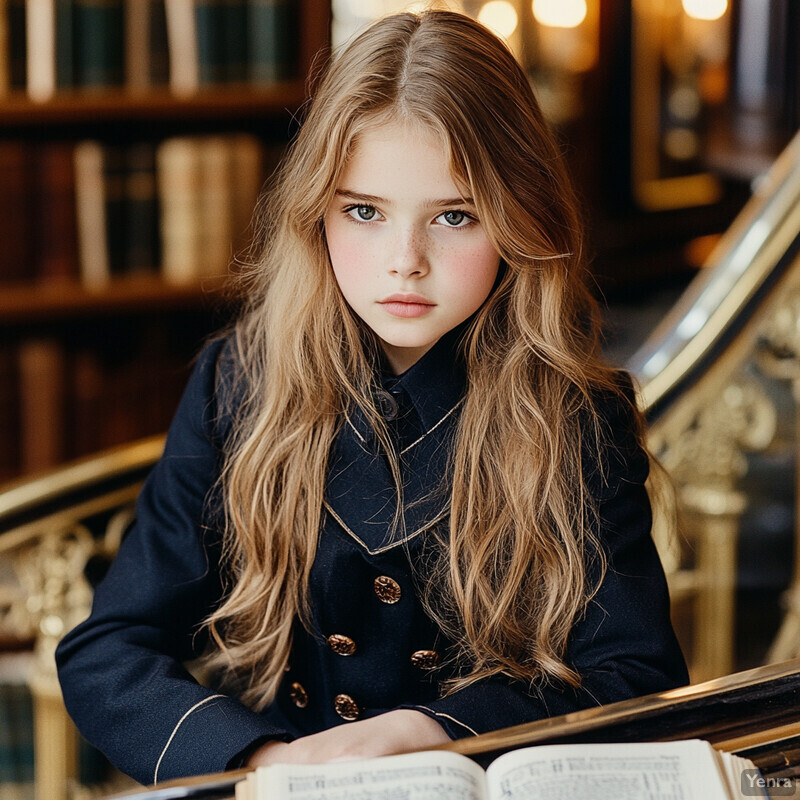 A young girl with long blonde hair sits at a desk studying from an open book.