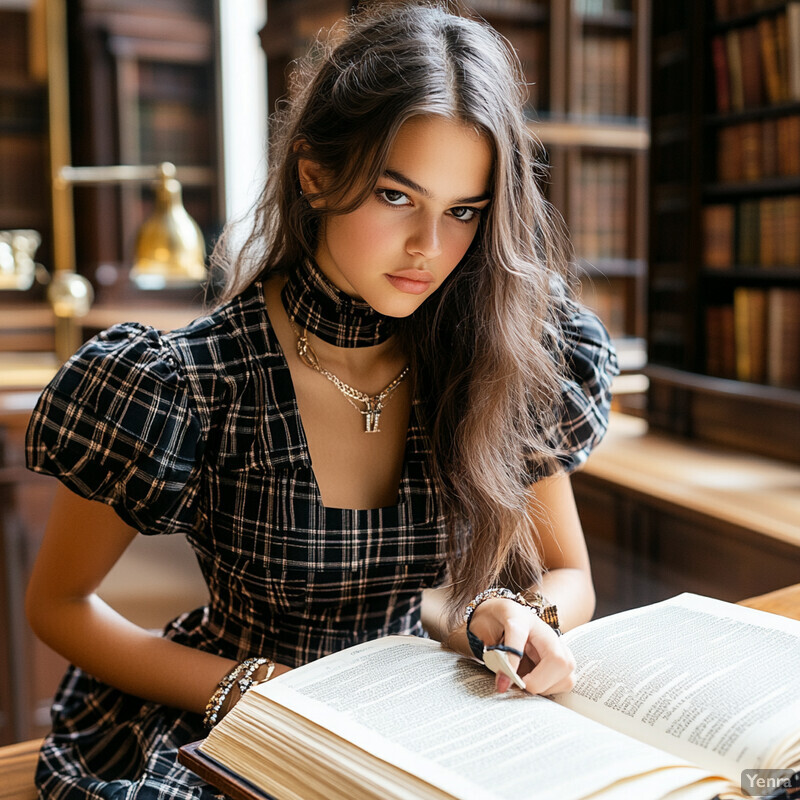 A young woman engrossed in reading a large book in a study or library setting.