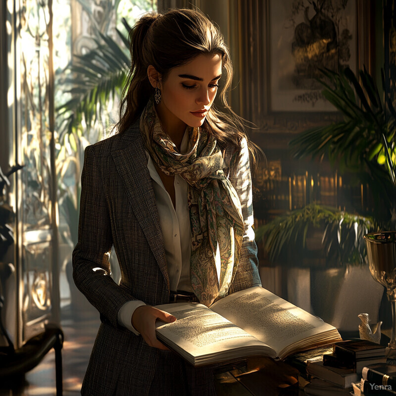 A woman stands by a window, holding an open book and lost in thought.