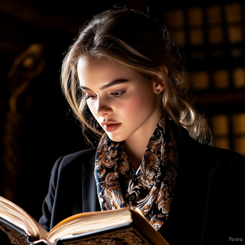 Woman reading book in dimly lit room