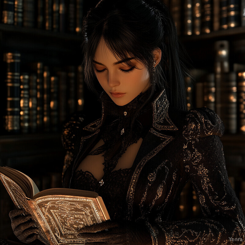 A woman with long black hair reads a book in front of a wall of bookshelves