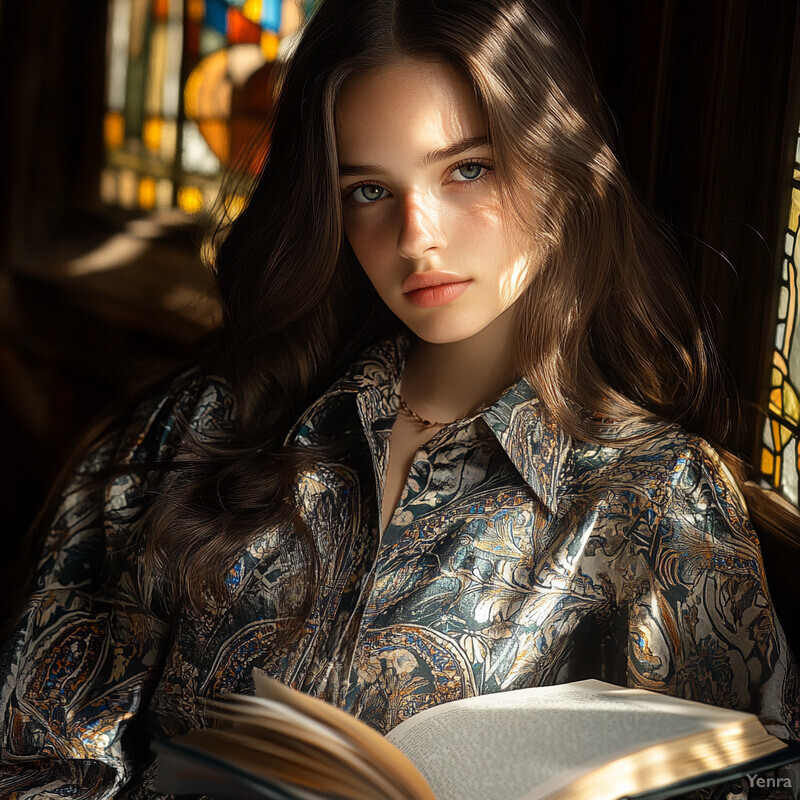 A woman with long brown hair and green eyes holding an open book in front of stained glass windows.