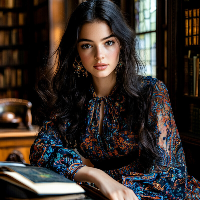 A woman sits at a desk in a library or study room, surrounded by books and papers, reading from the book on her lap.