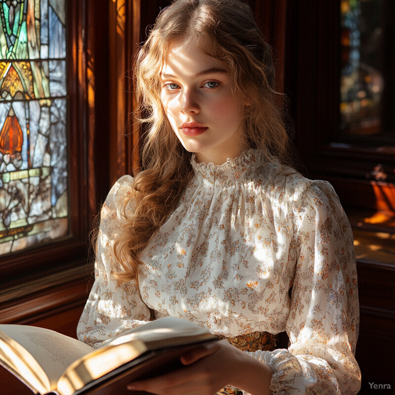 A young woman with blue eyes and long hair reads or studies from an open book