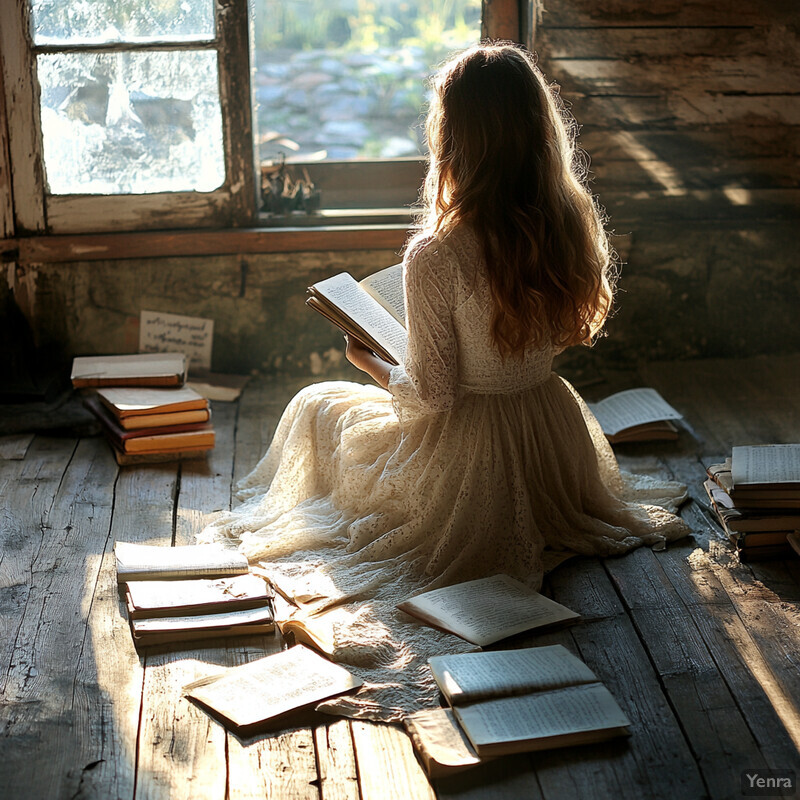 A woman sits on the floor of an abandoned room surrounded by books and papers, engrossed in reading from an open book.