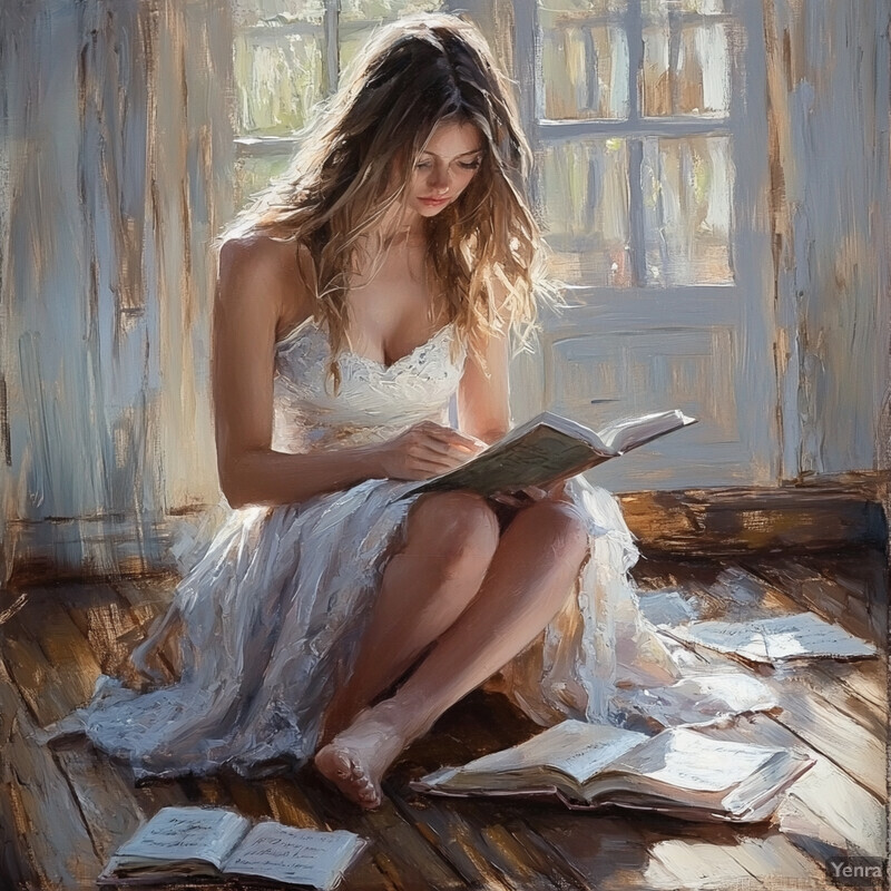 A serene depiction of a woman surrounded by books and papers