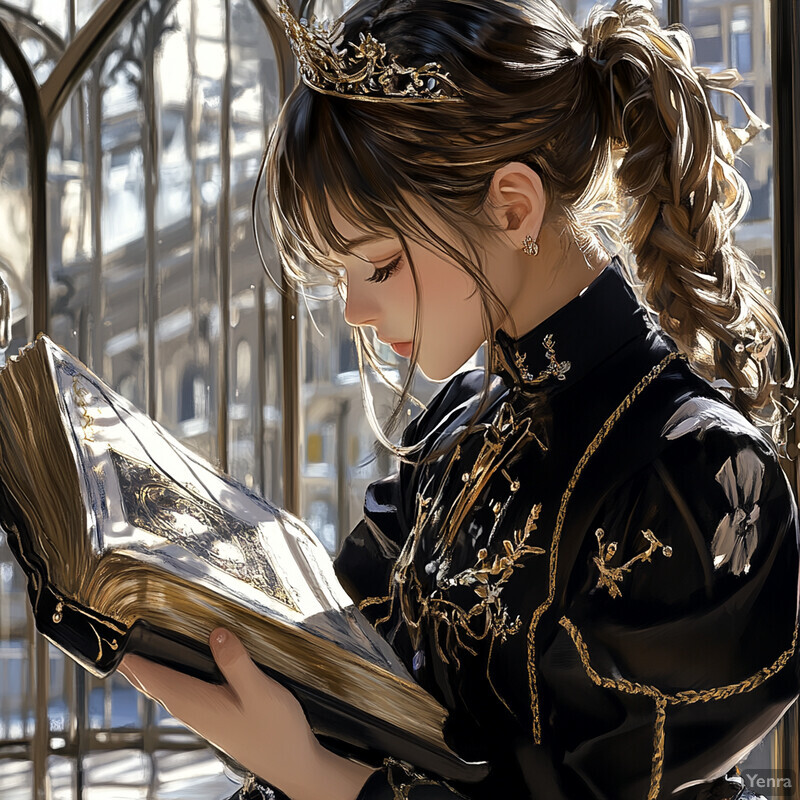 A young woman with a gold crown gazes at an ornate glass-book in front of a sophisticated background