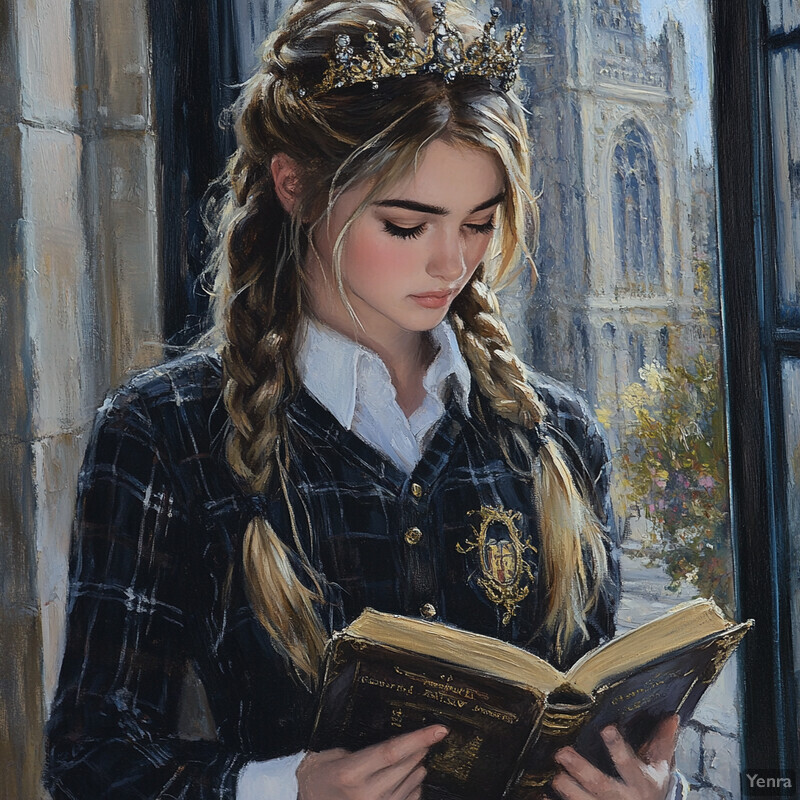 A young woman with blonde hair in braids reads from an open book in front of a stone building.