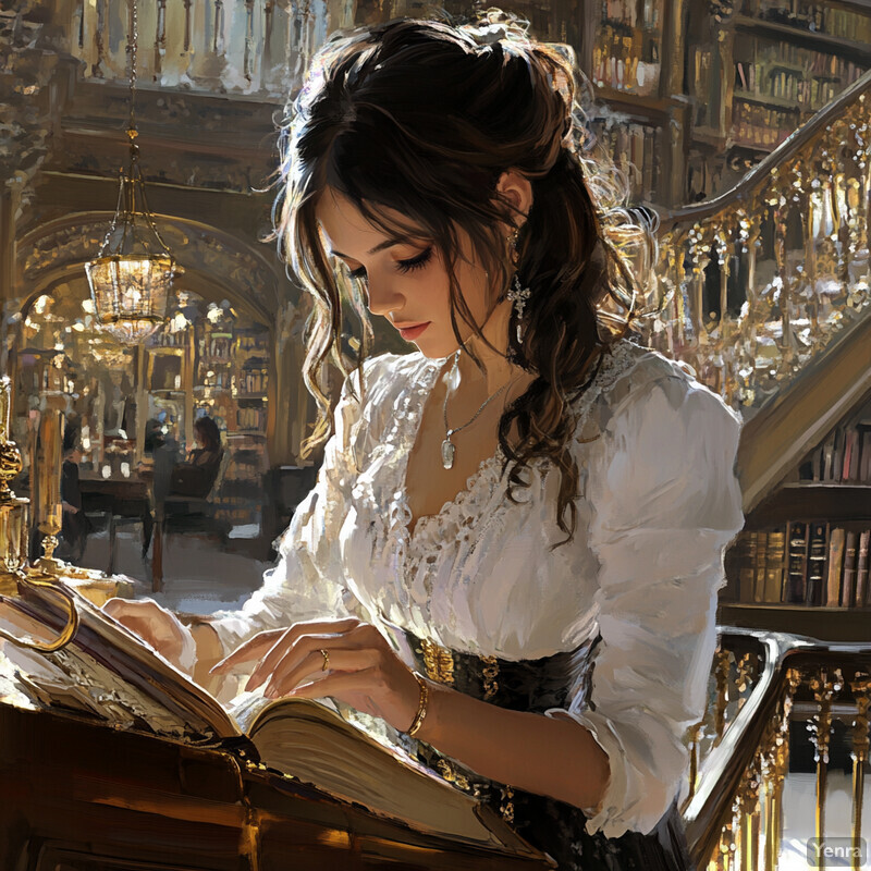 A serene and scholarly atmosphere prevails in the image, with a woman engrossed in reading a book in a grand library or study.