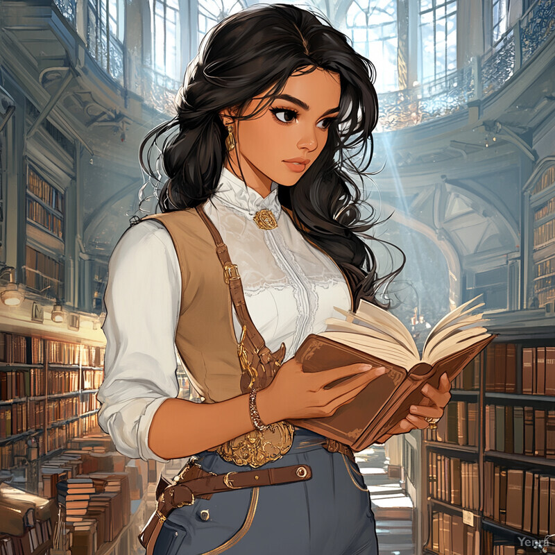 A woman stands in a library, engrossed in reading from an open book.