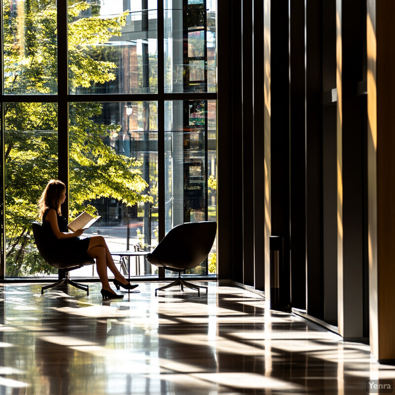 A woman sits by a large window, reading or working on something, in a peaceful and professional setting.