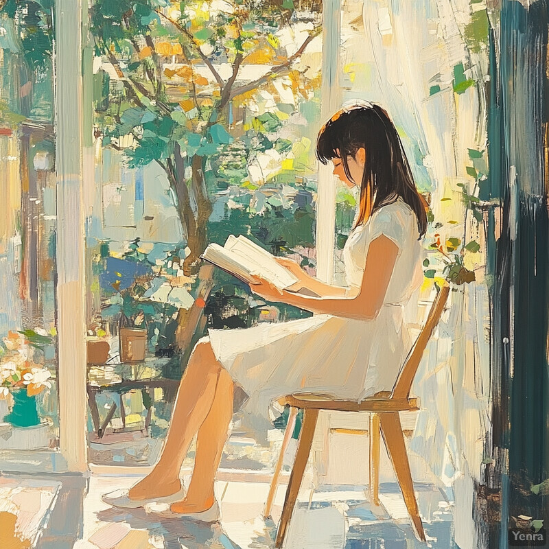 A woman sits on a chair reading a book in a sunlit room.