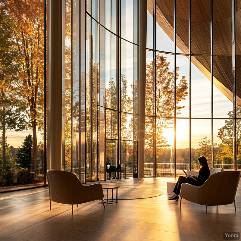 A serene interior space with two chairs facing each other across a small table, set against a backdrop of trees and sky through a large window.