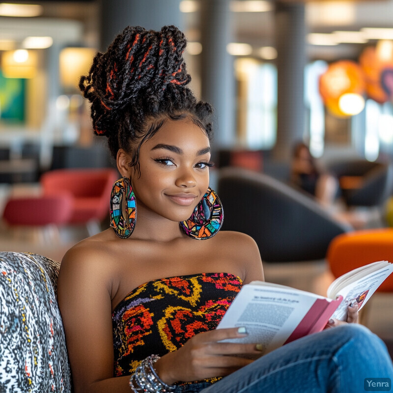 A young woman sits on a couch or chair, engrossed in reading a book.