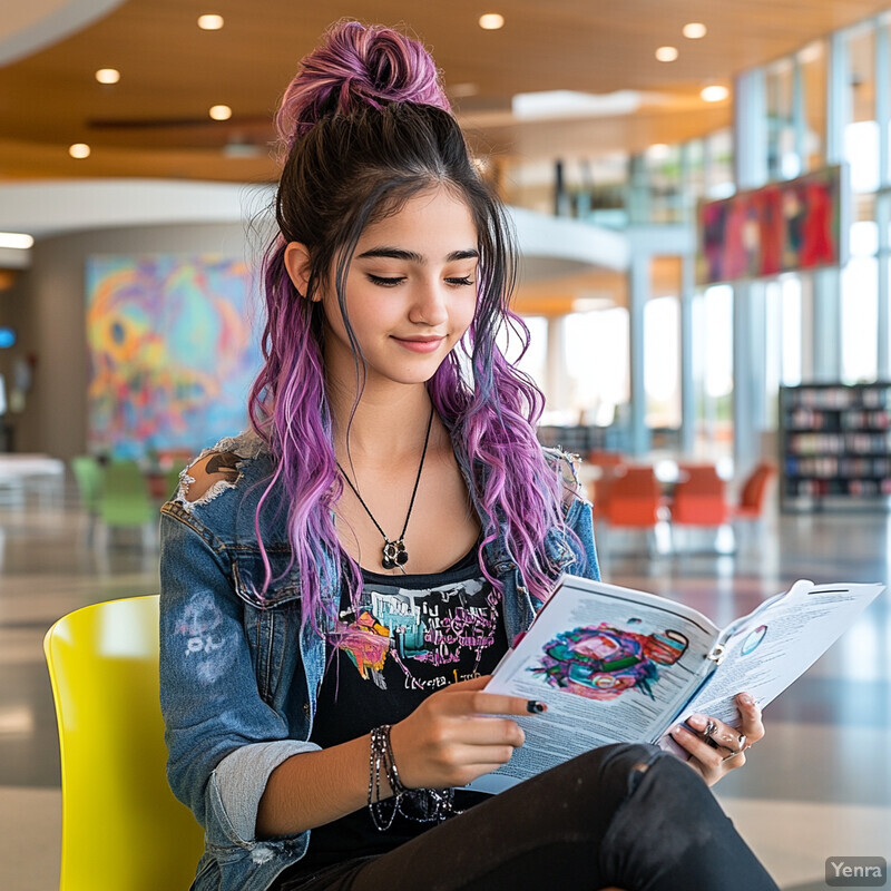 A young woman with purple hair reads a book in a room with colorful artwork