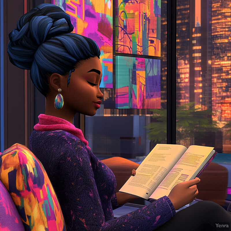 An animated woman reads a book in a chair