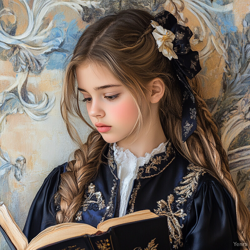 A young girl with long, braided hair reads a book against a floral-patterned wall.