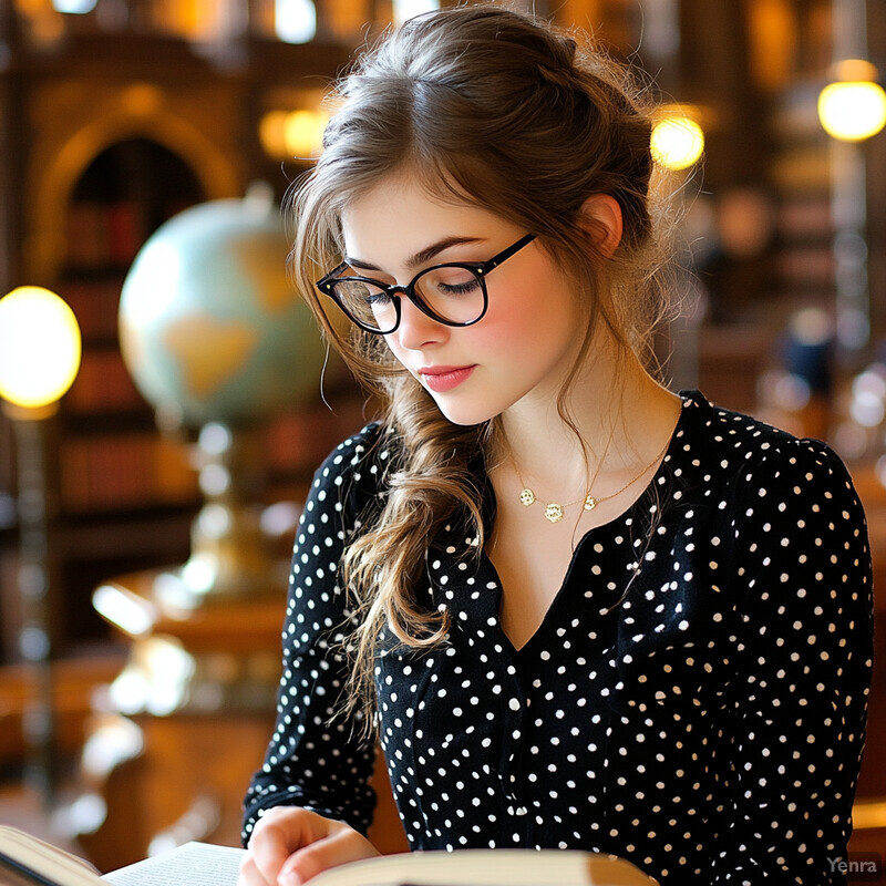 A young woman with glasses reads in a library