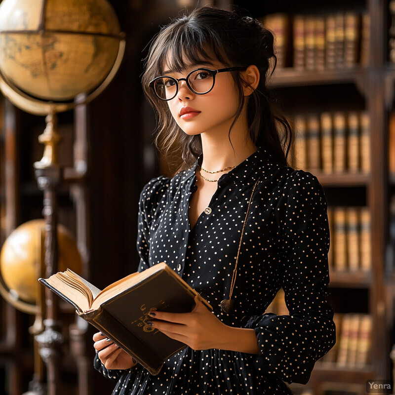 A young woman stands in front of a bookshelf, surrounded by various objects and items, lost in thought as she holds an open book.