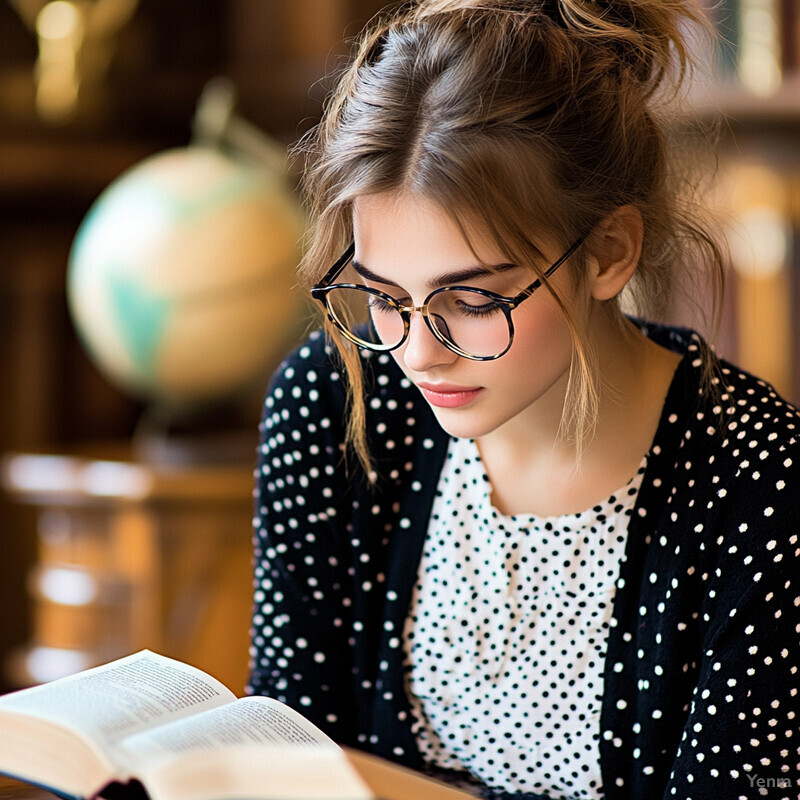 A young woman reads intently in a cozy room or study area