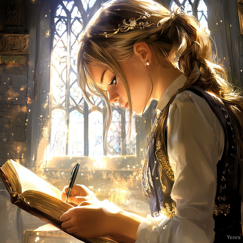 A young woman with long blonde hair sits by a window, writing in a large book.