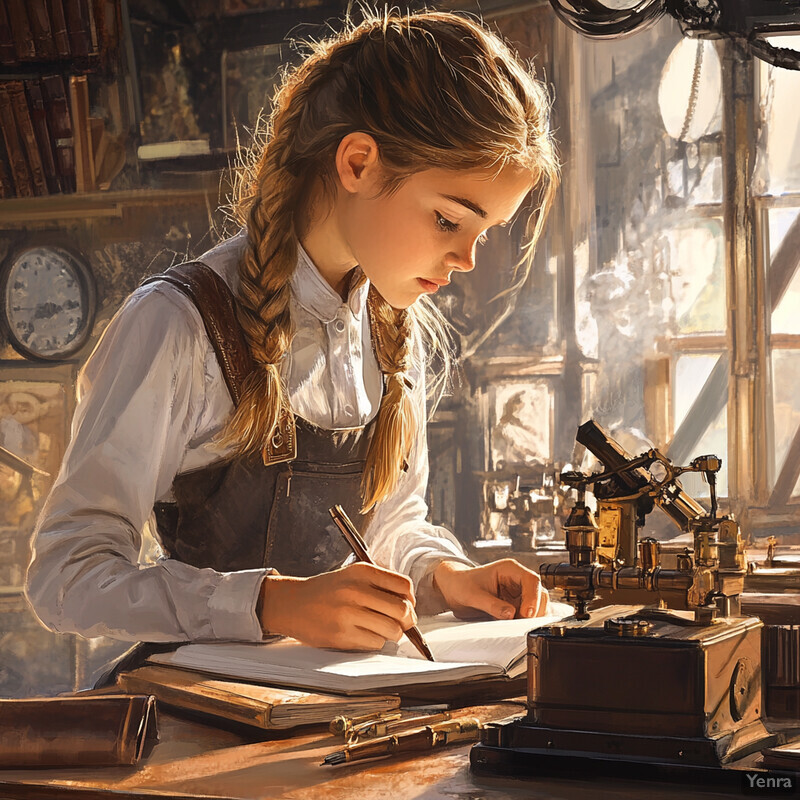 A young girl sits at a desk, writing or drawing in a notebook, surrounded by various objects and illuminated by natural light from a nearby window.