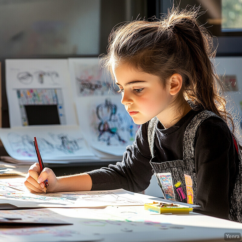 A young girl engrossed in drawing at a table