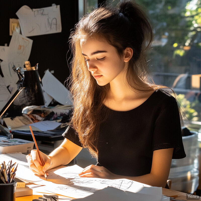 A young woman sits at a desk in an art studio or home office, surrounded by papers and pencils.