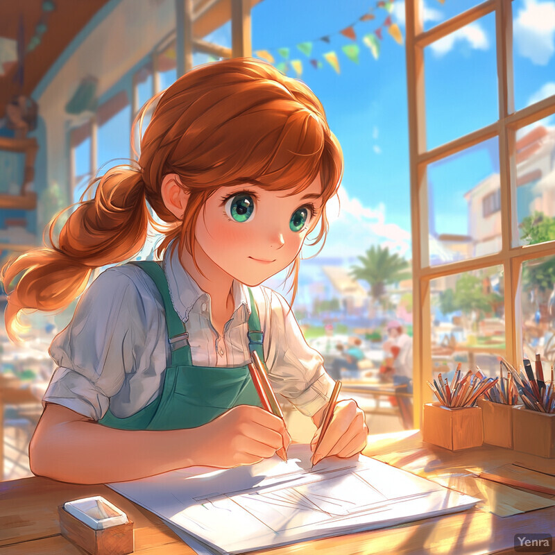 A young girl sits at a desk, holding pencils and drawing on paper with an apron over her light blue shirt.