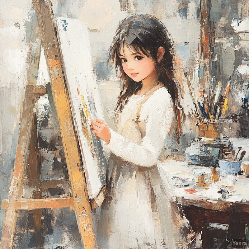 A young girl stands in front of an easel, surrounded by brushes and paints, lost in thought as she creates her latest masterpiece.