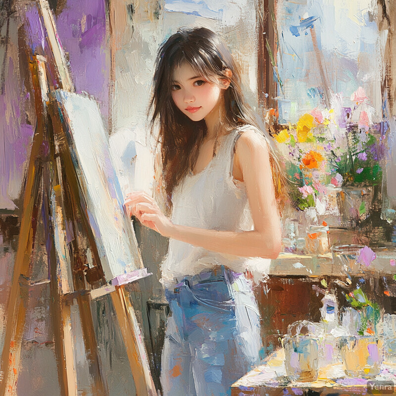 Asian woman painting at an easel