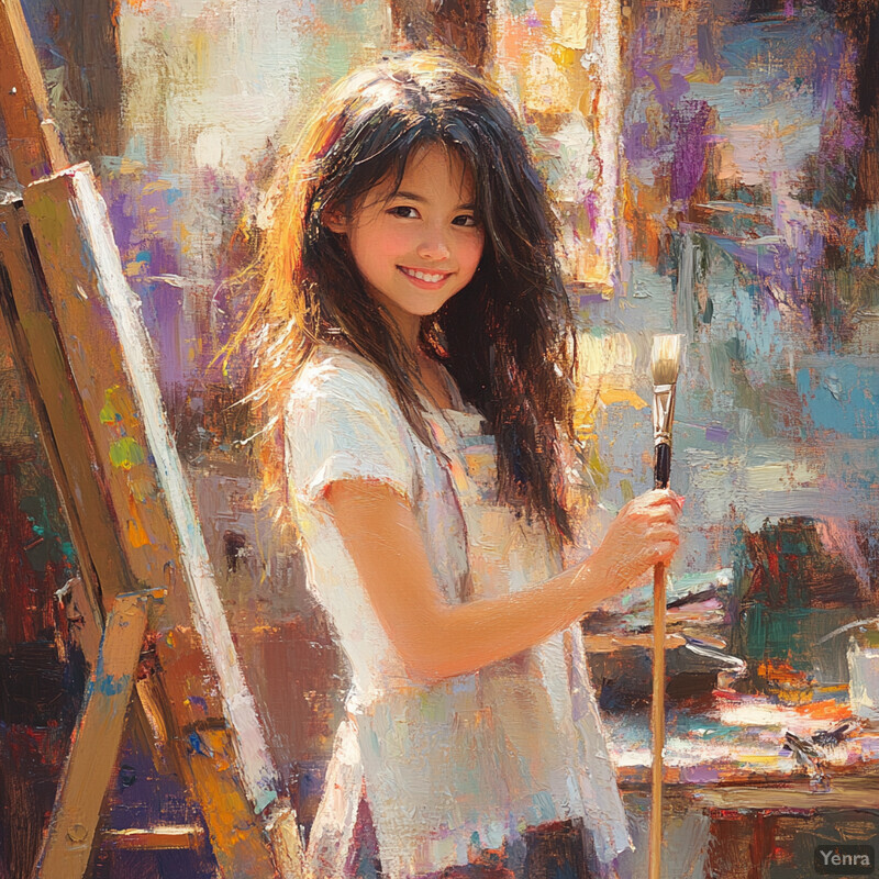 A young girl with long dark hair stands in front of an easel holding a paintbrush, possibly engaged in artistic activity.