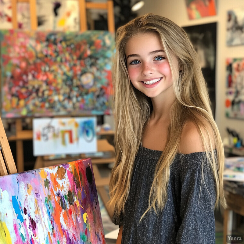 A young girl stands proudly in an art studio or classroom surrounded by her own artwork