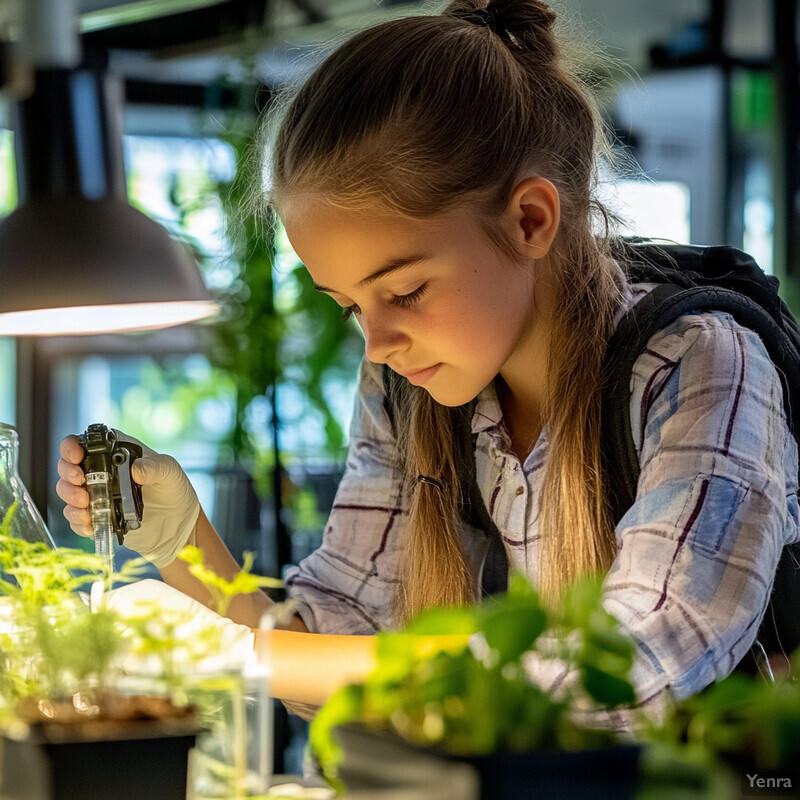 A young girl conducts scientific experiments with plants