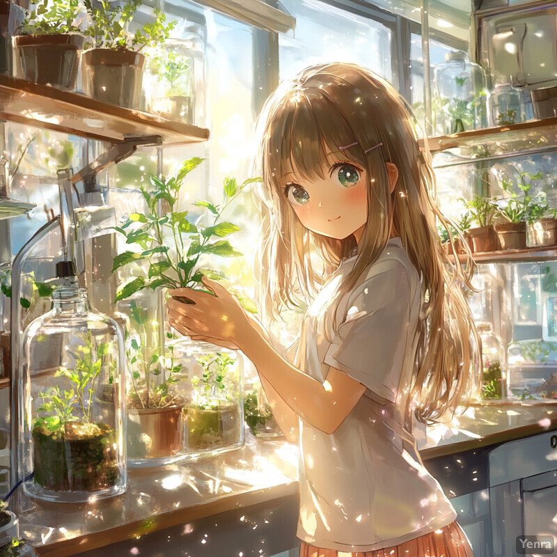 A young girl stands in front of a window surrounded by potted plants.