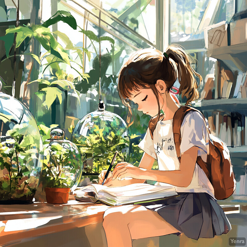 A young girl sitting at a desk in a greenhouse or conservatory, surrounded by lush greenery and various plants.